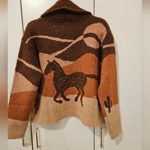Lucky Brand Shawl Collar Cardigan With Horse Design